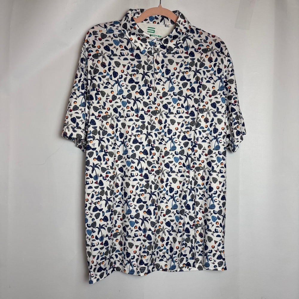 Three Sixty Six Mens Golf Polo Shirt Large White Tropical Palm Geometric Print